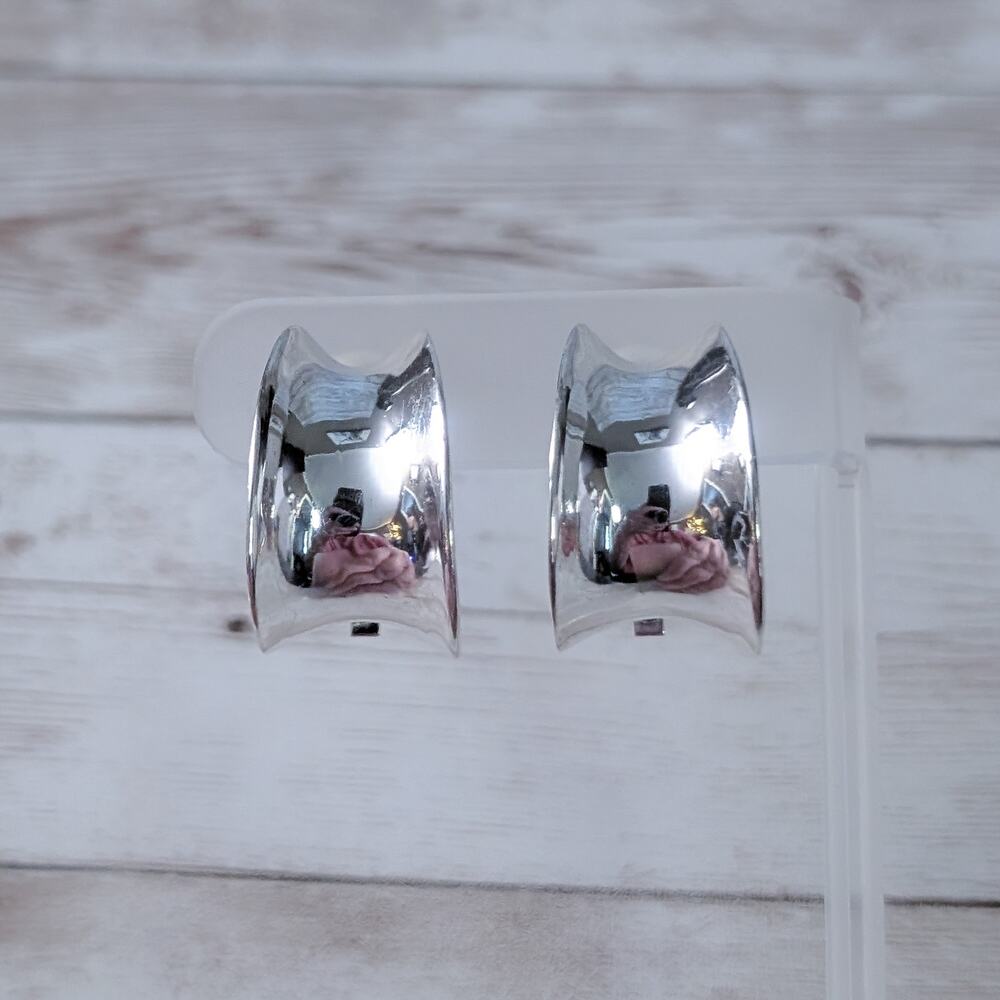 Vintage Clip On Earrings Very Large Chunky Mirrored Silver Tone